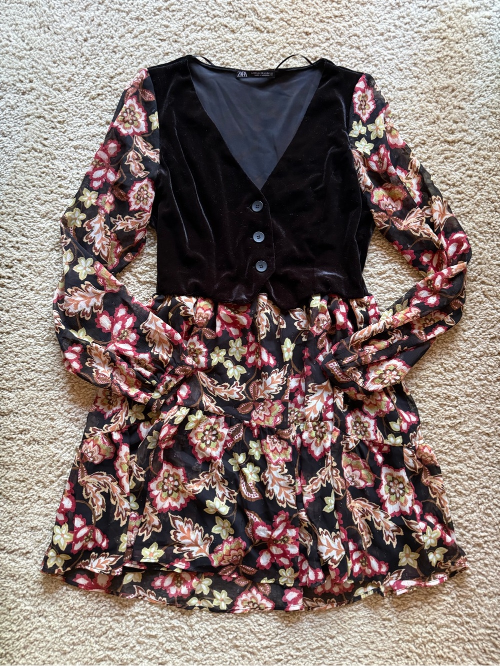 Zara Long Sleeve Floral Velvet Mini Dress